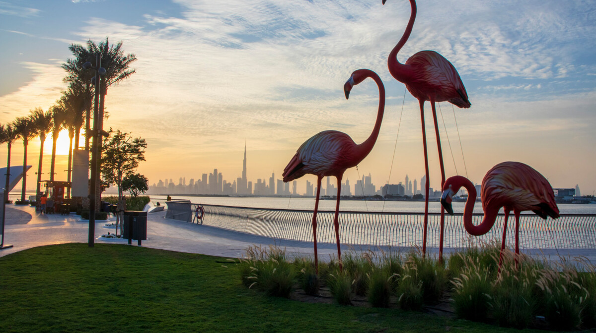Dubai - Flamingo figures installation in Dubai creek harbour