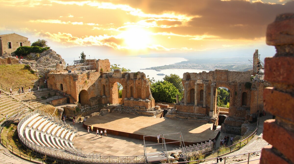 Teatro greco Taormina, putovanje u Italiju, Sicilija, putovanje zrakoplovom