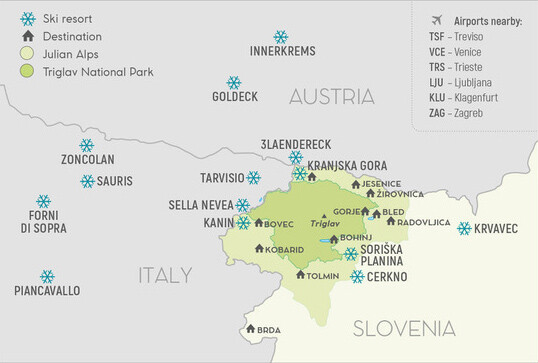 Karta skijališta u Sloveniji, Austriji i Italiji, mondo travel
